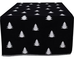 Clayre & Eef Tafelloper Kerst 50x140 cm Zwart Wit Katoen Kerstbomen