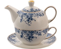 Clayre & Eef Tea for One 400 ml Blauw Porselein Bloemen Theepot set