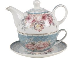 Clayre & Eef Tea for One 400 ml Blauw Wit Porselein Bloemen Theepot set