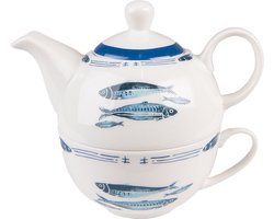 Clayre & Eef Tea for One 400 ml Wit Blauw Porselein Vissen