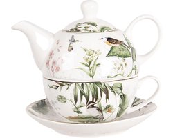 Clayre & Eef Tea for One 460 ml Wit Groen Porselein Vogels