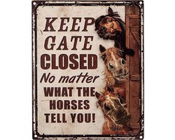 Clayre & Eef Tekstbord 20x25 cm Bruin Beige Ijzer Paarden Keep Gate Closed Wandbord