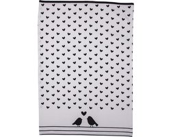Clayre & Eef Theedoek 50x70 cm Wit Zwart Katoen Harten Vogels Keukenhanddoek