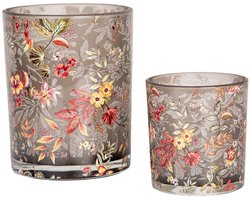 Clayre & Eef Theelichthouder Set van 2 Ø 7x8 / 10x13 cm Grijs Glas Bloemen