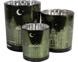 Clayre & Eef Theelichthouder Set van 3 Groen Glas Huizen