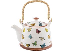 Clayre & Eef Theepot met Filter 700 ml Beige Geel Keramiek Rond Vlinders Theekan