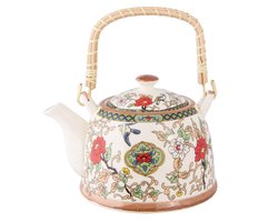 Clayre & Eef Theepot met Filter 700 ml Beige Rood Keramiek Bloemen