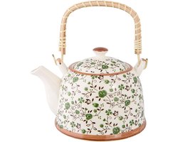 Clayre & Eef Theepot met Filter 700 ml Groen Keramiek Rond Bloemen Theekan