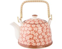 Clayre & Eef Theepot met Filter 700 ml Roze Keramiek Rond Bloemen Theekan