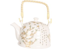 Clayre & Eef Theepot met Filter 800 ml Beige Bruin Porselein Rond Bloemen Theekan
