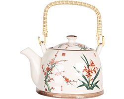 Clayre & Eef Theepot met Filter 800 ml Beige Groen Porselein Bloemen