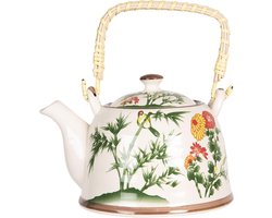 Clayre & Eef Theepot met Filter 800 ml Beige Groen Porselein Rond Bloemen Theekan