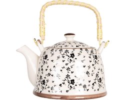 Clayre & Eef Theepot met Filter 800 ml Beige Zwart Porselein Bloemen