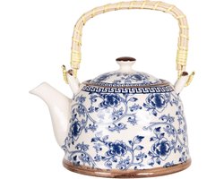 Clayre & Eef Theepot met Filter 800 ml Blauw Porselein Rond Bloemen Theekan