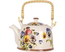 Clayre & Eef Theepot met Filter 800 ml Wit Blauw Keramiek Bloemen