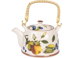 Clayre & Eef Theepot met Filter 800 ml Wit Geel Keramiek Sinaasappel