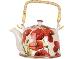 Clayre & Eef Theepot met Filter 800 ml Wit Rood Keramiek Bloemen