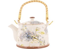Clayre & Eef Theepot met Filter Wit Blauw Keramiek Bloemen