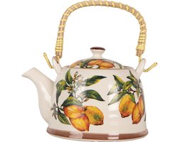 Clayre & Eef Theepot met Filter Wit Geel Keramiek Citroenen