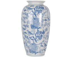 Clayre & Eef Vaas Ø 19x37 cm Wit Blauw Keramiek Vogels op Takken