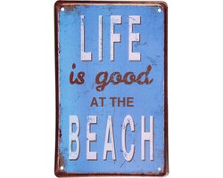 Clayre & Eef Wanddecoratie 20x30 cm Blauw Wit Metaal Life is good at the beach Muurdecoratie
