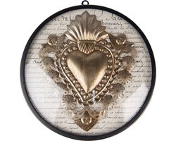 Clayre & Eef Wanddecoratie Ø 23x4 cm Goudkleurig Zwart Ijzer Glas Heilig Hart Muurdecoratie