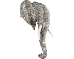 Clayre & Eef Wanddecoratie Olifant 75 cm Wit Zwart Papier Ijzer Textiel Muurdecoratie