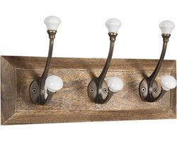 Clayre & Eef Wandkapstok 3 haken 30x8x10 cm Bruin Wit Hout Ijzer Rechthoek