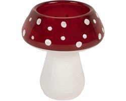 Clayre & Eef Waxinelichthouder Paddenstoel Ø 7x7 cm Rood Wit Glas Herfst decoratie