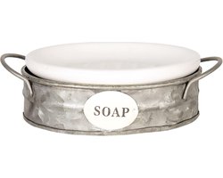 Clayre & Eef Zeepbakje 16x11x6 cm Wit Grijs Metaal Ovaal Soap Zeephouder