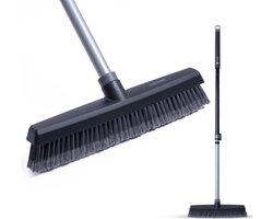 CLEANLY Bezem Binnen en Buiten met Telescopische Steel 115-142 cm - Borstel met Steel - Straatbezem - Kamerveger - Zaalveger - Zachte Bezem - Binnen Bezem - Breedte 35 cm - Zwart, Grijs