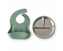 CLENE® RVS Baby Bord met Zuignap en Slabbetje | BPA-vrij & Vaatwasserbestendig | Peuter Eetbord Giftset Groen