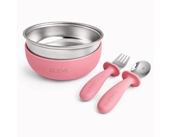 CLENE® RVS Baby Servies Set – Kom, Bestek & Siliconen Hoes/Greep – Roze
