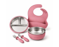 CLENE® RVS Babyset Servies 5-delig met Zuignap | BPA-vrij & Vaatwasserbestendig | Peuter Eetset Giftset Roze