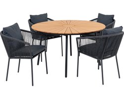Cleveland tuinmeubelset eetkamertafel Ø130cm naturel, zwart en 4 Salerno stoel grijs, zwart.