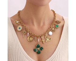 Cliste Couture - Handgemaakt GREEN GRACE MULTI CHARM Ketting - 18k Verguld - Roestvrij staal - Bedels - Ketting dames - Waterproof - Sieraad voor Festivals– Moederdag - Sierden vrouw