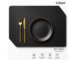 Cliste Leren Placemats Set van 6 - Afwasbaar & Waterafstotend - Hittebestendig - Beschermt je tafel tegen Krassen & Vlekken - 45x30cm - Zwart