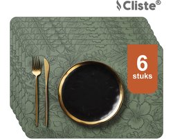 Cliste Luxe Groene Leren Placemats Set van 6 - 45x30 cm - Bladerenprint - Stijlvol, Duurzaam, Makkelijk Schoon te Maken - Antislip Placemats - Placemats