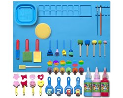 Cliste Tekenmat Art Station met 30 Brush en Stempels Accessoires en 3 wasbare vingerverf - Verfmat - Blauw - Verfplacemat - Verven - Kinderen - Art Set - Creativiteitsdoos voor kinderen - Knutselen - Knutselplacemat - Verfmat - Siliconen