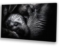 Close-up moeder en baby olifant - Olifanten wanddecoratie - Wandkunst baby - Hyperrealisme - Wanddecoratie landelijk - Canvas schilderij woonkamer - canvas 150x100 cm