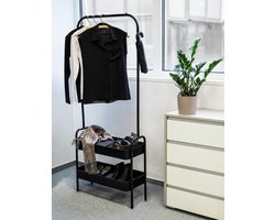 Clothes Rack Kali Narrow Metal Standing Coat Rack with Deep Storage Baskets - Shoes, Accessories, Extra Hooks - Black - Ideal for Alcoves - 75 x 165 x 30 cm halmeubel met kapstok