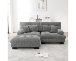 Cloud Ecksofa voor woonkamer, Chenille hoekbank met 2 lendenkussens en 2 decoratieve kussens, gepolst bank met brede armleuningen en ottomane, Chenille grijs