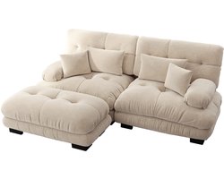 Cloud Ecksofa voor woonkamer, Chenille hoekbank met 2 lendenkussens en 2 decoratieve kussens, gepolst bank met brede armleuningen en ottomane, Chenille lichtbruin