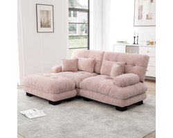 Cloud Ecksofa voor woonkamer, Chenille hoekbank met 2 lendenkussens en 2 decoratieve kussens, gepolst bank met brede armleuningen en ottomane, Chenille roze