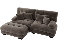 Cloud Ecksofa voor woonkamer, Chenille hoekbank met 2 lendenkussens en 2 decoratieve kussens, gepolst bank met brede armleuningen en ottomane, Chenille Bruin