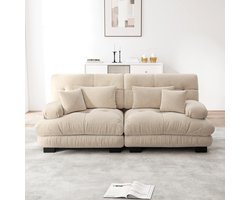 Cloud Ecksofa voor woonkamer, Chenille hoekbank met 2 lendenkussens en 2 decoratieve kussens, massief houten frame, Chenille lichtbruin