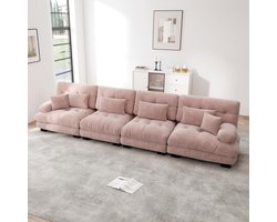 Cloud-stijl 4-zitsbank – Zachte chenille stof – Comfortabele bank met 4 lendekussens + 4 sierkussens – Hoogwaardig veerkrachtig schuim – Gewatteerde armleuningen – Geschikt voor woonkamer, appartement en kantoor – 406×77×81 cm – Roze