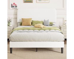 CloudNest Teddy Fleece Bed 140x200 cm – Modern Tweepersoonsbed met Verstelbaar Gewatteerd Hoofdbord, Metalen Frame met 12 Latten & 9 Poten, Geluidsarm Design, Draagvermogen tot 300 kg, Wit Design Bed