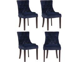 CLP Aberdeen Set van 4 eetkamerstoelen - Zonder armleuning - Hout - Fluweel - blauw antiek