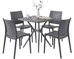 CLP Amino Tuinmeubelset - stapelbaar - 4 stoelen - tafel - weerbestendige - balkonset - voor tuin, balkon en terras - donkergrijs